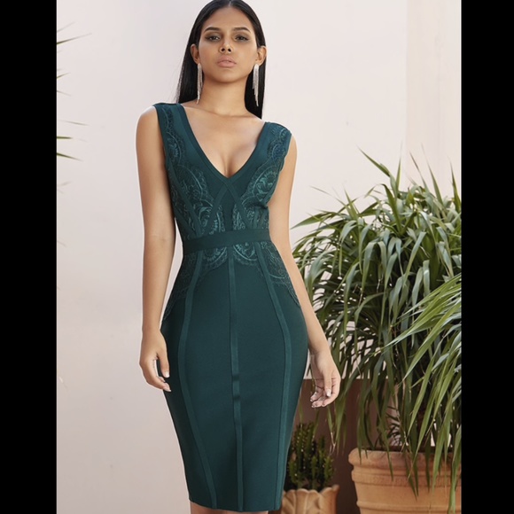 NEW! FOREST GREEN LACE BANDAGE DRESS BODYCON DRESS - Picture 1 of 7